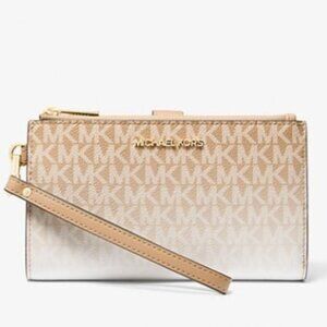 Michael Kors wristlet wallet jet set large ombré logo double zip camel